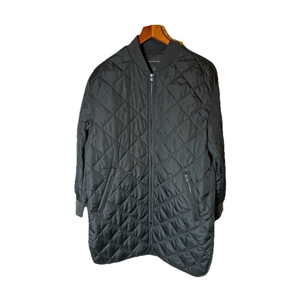 Banana Republic Quilted Coat Women's M Black Long Jacket Lightweight Zip
